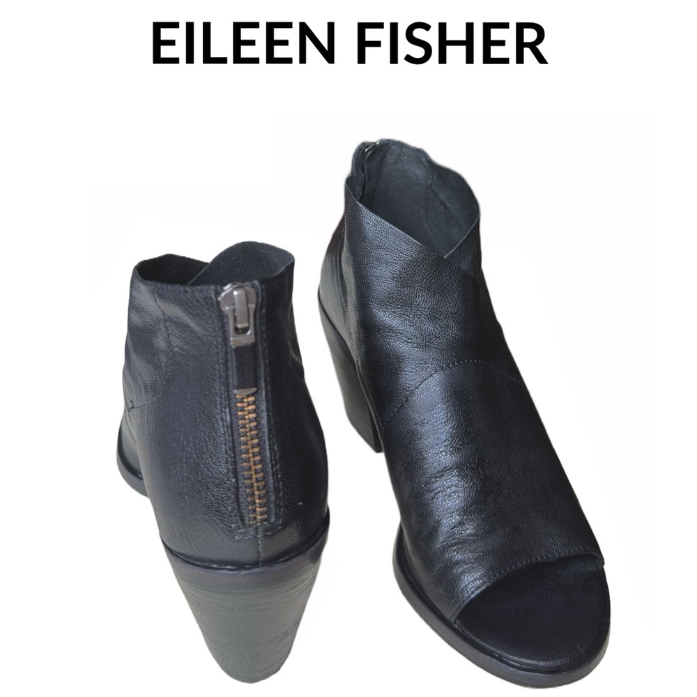 Eileen Fisher • Leather Open Toe Block Heel Bootie • Size 5 US • Black • EUC - Picture 9 of 16